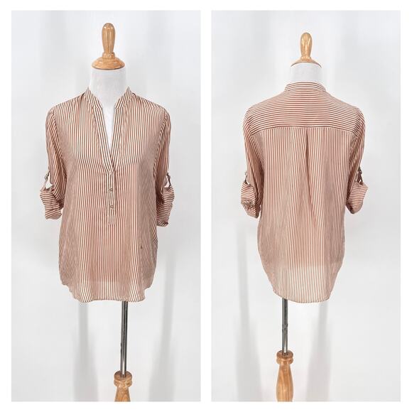 MASSIMO DUTTI Silk Striped Top Womens 6 Split Neck Roll Tab Popover Blouse - Picture 1 of 16